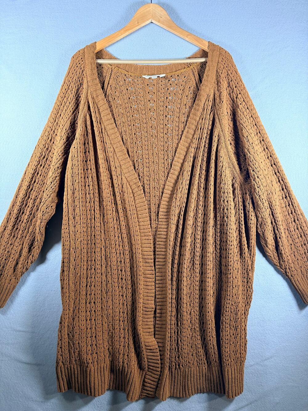 Terra & Sky Women’s Plus Size 3X Brown Open Front Long Cardigan Pointelle Knit